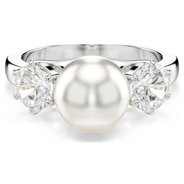 Anillo de cóctel Matrix, Perla de cristal, Talla redonda, Blanco, Baño de rodio - Swarovski, 5689627