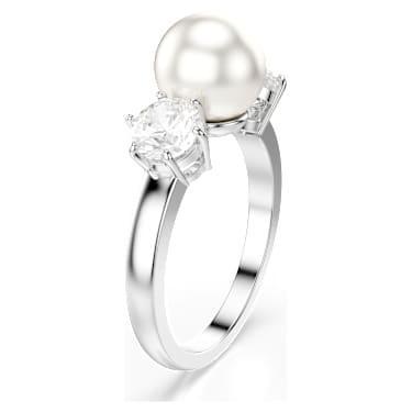 Anillo de cóctel Matrix, Perla de cristal, Talla redonda, Blanco, Baño de rodio - Swarovski, 5689627