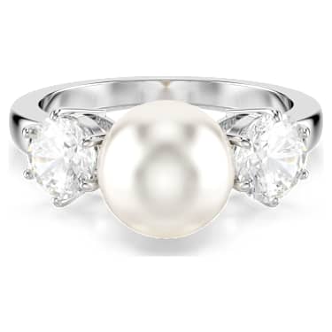Anello cocktail Matrix, Crystal Pearl, Taglio Round, Bianco, Placcato rodio - Swarovski, 5689629