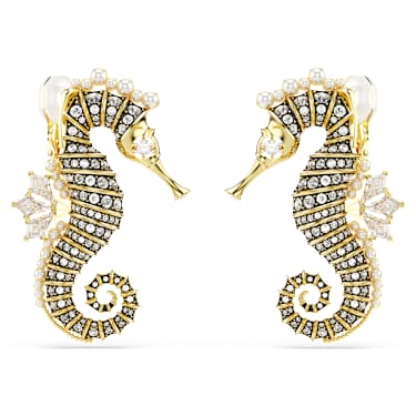 Boucles d'oreilles clip Idyllia, Perle de cristal, Hippocampe, Blanches, Placage de ton or - Swarovski, 5690097