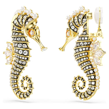 Boucles d'oreilles clip Idyllia, Perle de cristal, Hippocampe, Blanches, Placage de ton or - Swarovski, 5690097