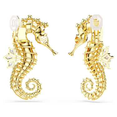Idyllia clip earrings, Crystal pearl, Seahorse, White, Gold-tone plated - Swarovski, 5690097
