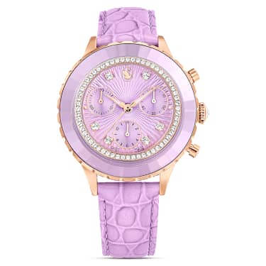 Octea Chrono watch, Swiss Made, Leather strap, Purple, Rose gold-tone finish - Swarovski, 5690804