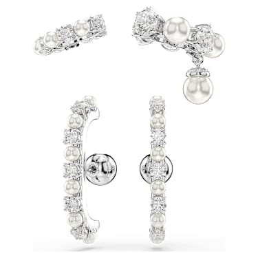 Matrix ear cuff, Set (3), Crystal pearl, Round cut, White, Rhodium