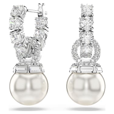 Pendants d'oreilles Matrix, Perle de cristal, Taille ronde, Blanches, Métal rhodié - Swarovski, 5691716