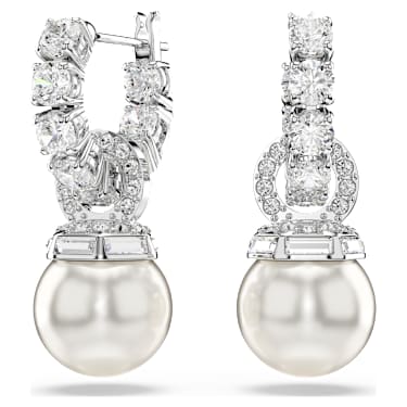 Pendientes Matrix, Perla de cristal, Talla redonda, Blancos, Baño de rodio - Swarovski, 5691716