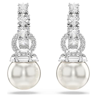 Matrix drop earrings, Crystal pearl, Round cut, White, Rhodium plated - Swarovski, 5691716