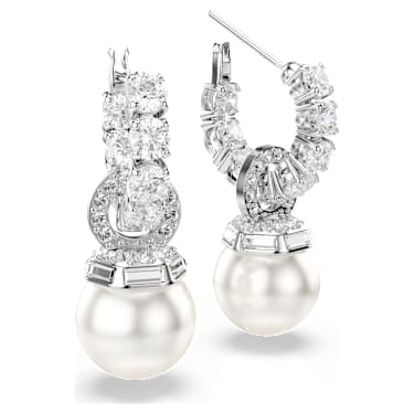 Pendants d'oreilles Matrix, Perle de cristal, Taille ronde, Blanches, Métal rhodié - Swarovski, 5691716