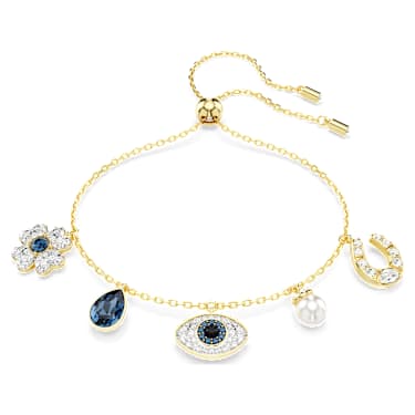 Bracciale Hamsa Portafortuna In Ottone Con Zirconi Bianchi E Blu – Catena Regolabile Scorrevole – Gioiello Positività E Amicizia