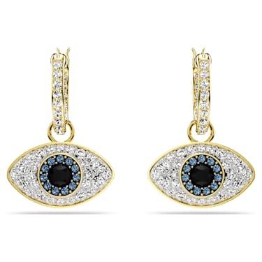 Brincos compridos Symbolica, Olho grego, Azuis, Lacado a dourado - Swarovski, 5692163