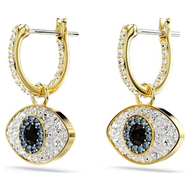 Brincos compridos Symbolica, Olho grego, Azuis, Lacado a dourado - Swarovski, 5692163