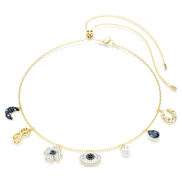 Symbolica 초커 네크리스, 크리스털 펄, 달, 인피니티, 클로버, 이블 아이, 말발굽, 블루, 골드 톤 플래팅 - Swarovski, 5692164