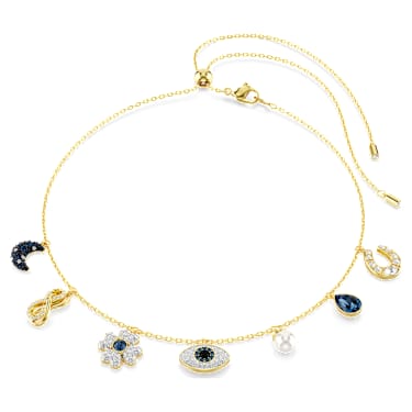 Symbolica Halsband, Kristallperle, Mond, Unendlichkeitssymbol, Glücksklee, Augensymbol und Hufeisen, Blau, Goldlegierungsschicht - Swarovski, 5692164