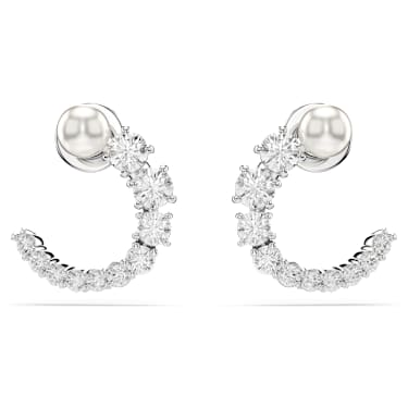 Cercei rotunzi Matrix, Perlă de cristal,Tăietură rotundă, Albi, Placat cu rodiu - Swarovski, 5692260