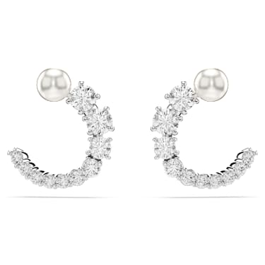 Cercei rotunzi Matrix, Perlă de cristal,Tăietură rotundă, Albi, Placat cu rodiu - Swarovski, 5692260