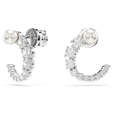 Matrix hoop earrings, Crystal pearl, Round cut, White, Rhodium plated - Swarovski, 5692260