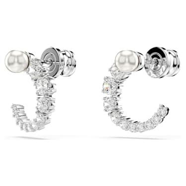 Cercei rotunzi Matrix, Perlă de cristal,Tăietură rotundă, Albi, Placat cu rodiu - Swarovski, 5692260