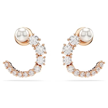 Cercei rotunzi Matrix, Perlă de cristal,Tăietură rotundă, Albi, Placat cu nuanță roz-aurie - Swarovski, 5692264
