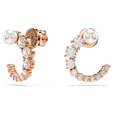Cercei rotunzi Matrix, Perlă de cristal,Tăietură rotundă, Albi, Placat cu nuanță roz-aurie - Swarovski, 5692264