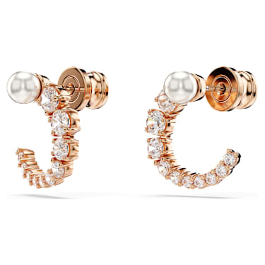 Cercei rotunzi Matrix, Perlă de cristal,Tăietură rotundă, Albi, Placat cu nuanță roz-aurie - Swarovski, 5692264