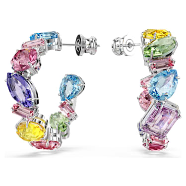 Gema 후프 이어링, 비대칭 디자인, 믹스 컷, 스몰, 멀티컬러, 로듐 플래팅 - Swarovski, 5692412