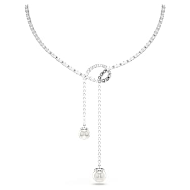 Matrix Y形項鏈, 水晶珍珠, 圓形切割, 白色, 鍍白金色 - Swarovski, 5692416