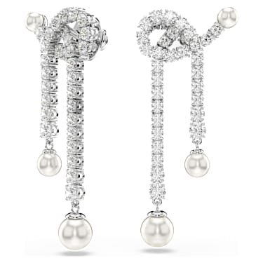 Matrix drop earrings, Crystal pearl, Round cut, White, Rhodium plated - Swarovski, 5692417