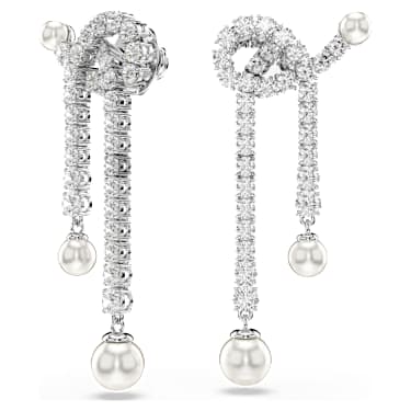 Matrix 水滴形耳環, 水晶珍珠, 圓形切割, 白色, 鍍白金色 - Swarovski, 5692417