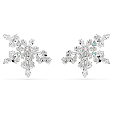 Idyllia clip earrings, Mixed cuts, Half snowflake, White, Rhodium plated - Swarovski, 5692635