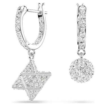 Dextera 드롭 이어링, 비대칭 디자인, 라운드 컷, 스타와 스피어, 화이트, 로듐 플래팅 - Swarovski, 5693194