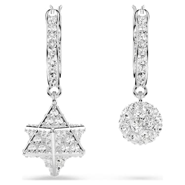 Dextera drop earrings, Asymmetrical design, Round cut, Star and sphere, White, Rhodium plated - Swarovski, 5693194