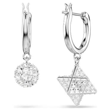Dextera drop earrings, Asymmetrical design, Round cut, Star and sphere, White, Rhodium plated - Swarovski, 5693194