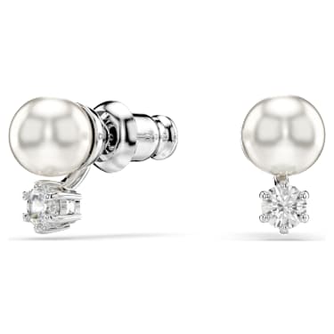 Matrix stud earrings, Crystal pearl, Round cut, White, Rhodium plated - Swarovski, 5694225