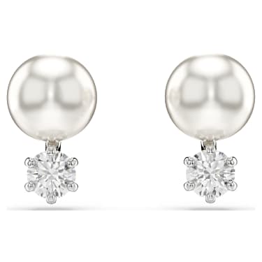 Matrix stud earrings Crystal pearl Round cut White Rhodium plated