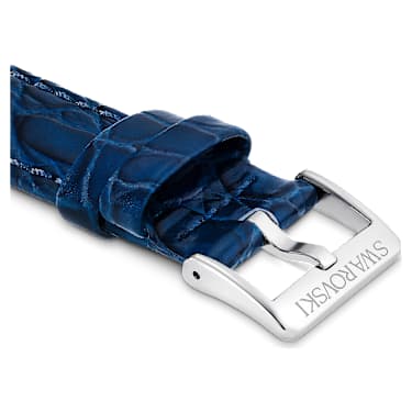 Watch strap, 16 mm (0.63") width, Leather with stitching, Blue, Stainless Steel - Swarovski, 5698093