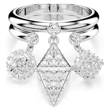 Dextera ring, Set (2), Sphere and cube, White, Rhodium plated - Swarovski, 5701829