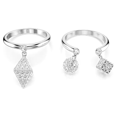 Dextera ring, Set (2), Sphere and cube, White, Rhodium plated - Swarovski, 5701829