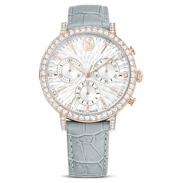 Matrix Tennis Chrono 워치, 스위스 메이드, 레더 스트랩, 그레이, 샴페인 골드 톤 피니시 - Swarovski, 5702851