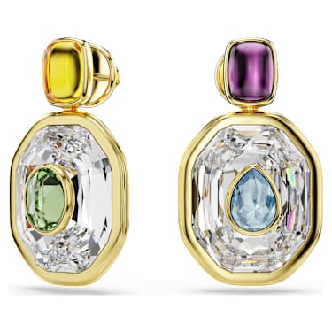 Chroma drop earrings, Asymmetrical design, Octagon cut, Multicolored, Gold-tone plated - Swarovski, 5705582