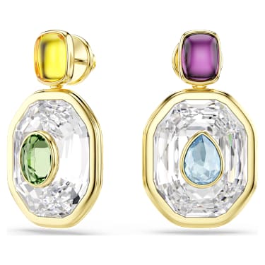 Chroma drop earrings, Asymmetrical design, Octagon cut, Multicoloured, 18K gold finish - Swarovski, 5705582