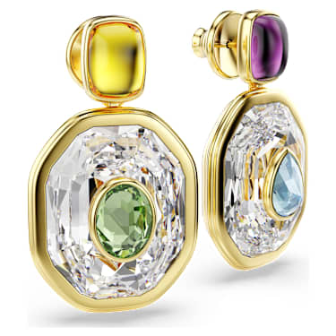 Pendientes Chroma, Diseño asimétrico, Talla octogonal, Multicolores, Baño tono oro - Swarovski, 5705582