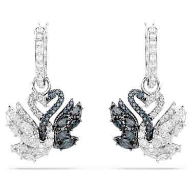 Swan damla küpeler, Kuğu, Siyah, Karışık metal yüzey | Swarovski