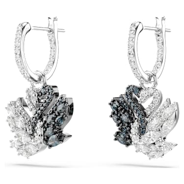 Cercei cu drop Swan, Lebădă, Negri, Finisaj metalic mixt | Swarovski
