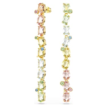 Gema drop earrings, Asymmetrical design, Mixed cuts, Long, Multicoloured, Gold-tone plated - Swarovski, 5705809