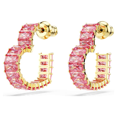 Matrix hoop earrings, Baguette cut, Heart, Small, Pink, Gold-tone plated - Swarovski, 5706340