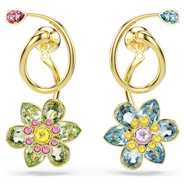 Idyllia Drop-Ohrhänger, Asymmetrisches Design, Verschiedene Schliffe, Blume, Mehrfarbig, Goldlegierungsschicht - Swarovski, 5709025
