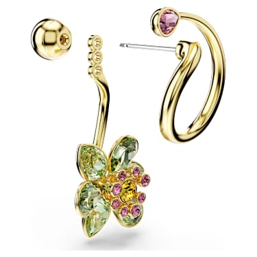 Pendientes Idyllia, Diseño asimétrico, Tallas mixtas, Flor, Multicolores, Baño tono oro - Swarovski, 5709025