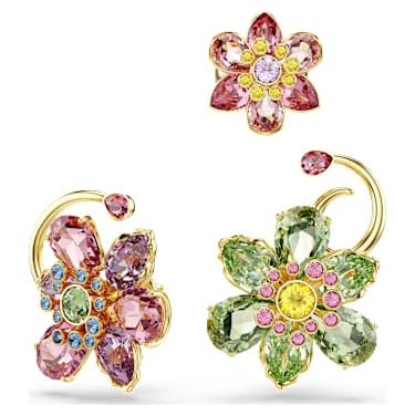 Idyllia 이어링 커프, 세트(3), 비대칭 디자인, 믹스 컷, 꽃, 멀티컬러, 골드 톤 플래팅 - Swarovski, 5709026