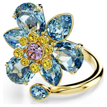 Bague ouverte Idyllia, Tailles variées, Fleur, Bleue, Placage de ton or - Swarovski, 5709031