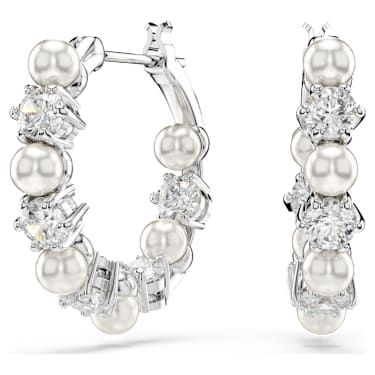Matrix drop earrings, Crystal pearl, Round cut, White, Rhodium plated - Swarovski, 5709256